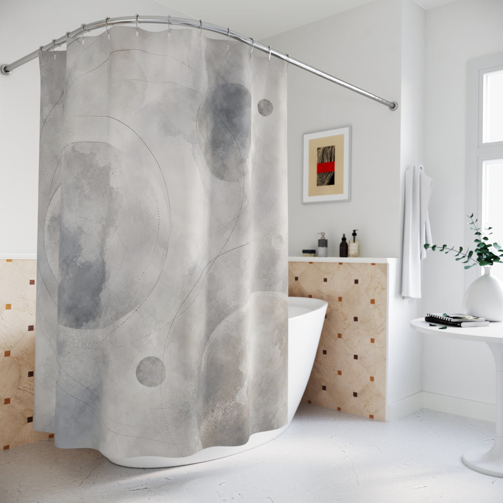 Celestial Shower Curtain, Gray Moon Bath Decor, Abstract Circle Pattern, Soft Modern Guest Bathroom Decor, Minimal Space Moon Style