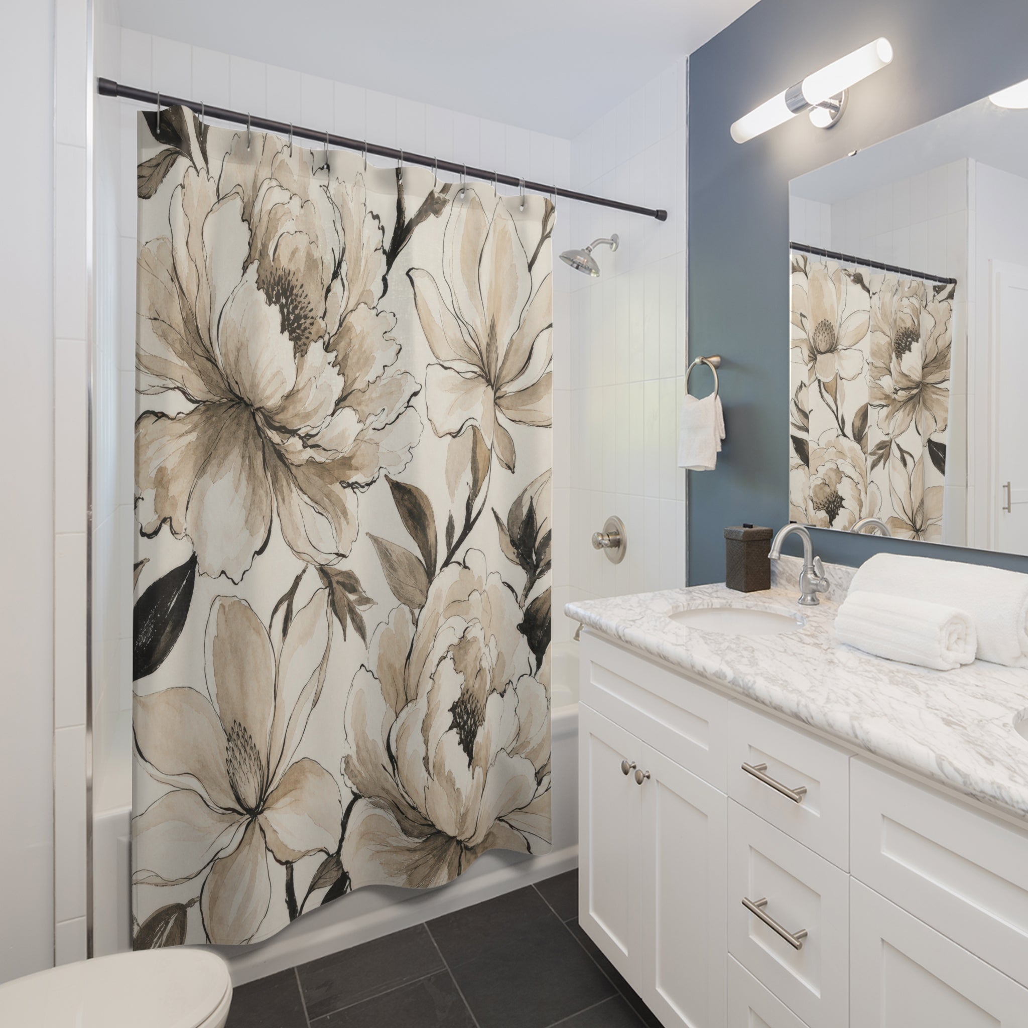 Beige Black Watercolor Flower Shower Curtain