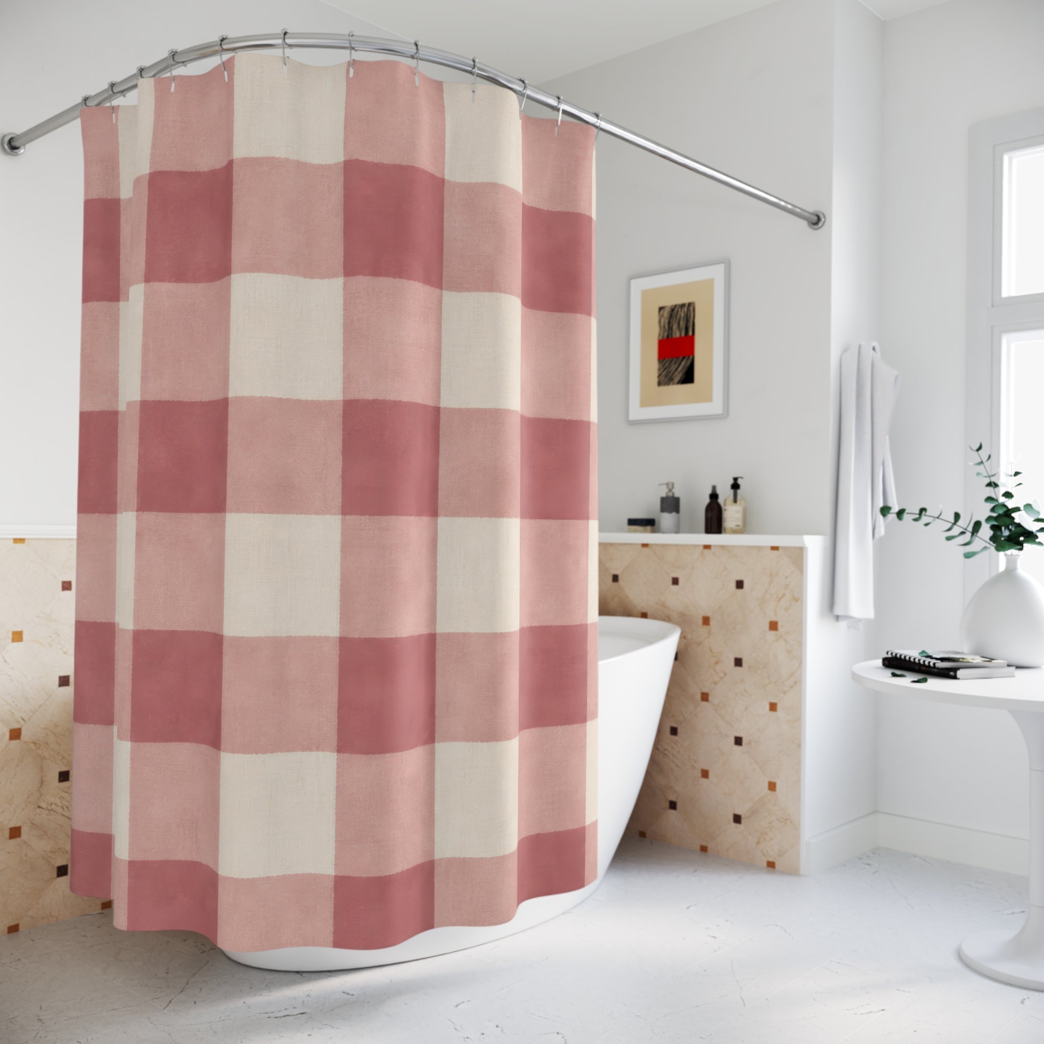 Dusty Pink Cream Plaid Buffalo Check Shower Curtain