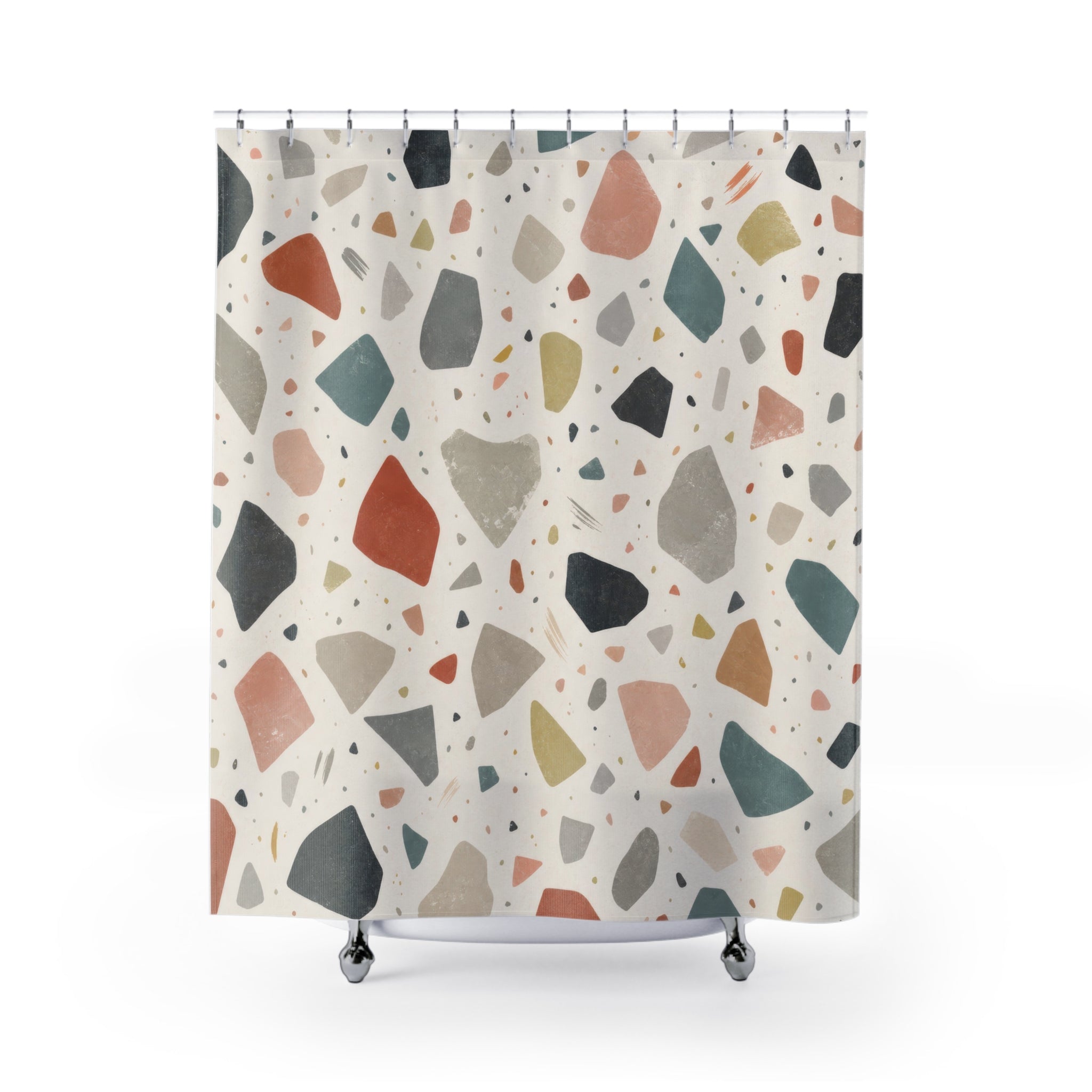 Terrazzo Shower Curtain, Coral Black Beige Speckled Abstract Stone Look, Modern Geometric Art Bathroom Decor, Warm Neutral Bath Style