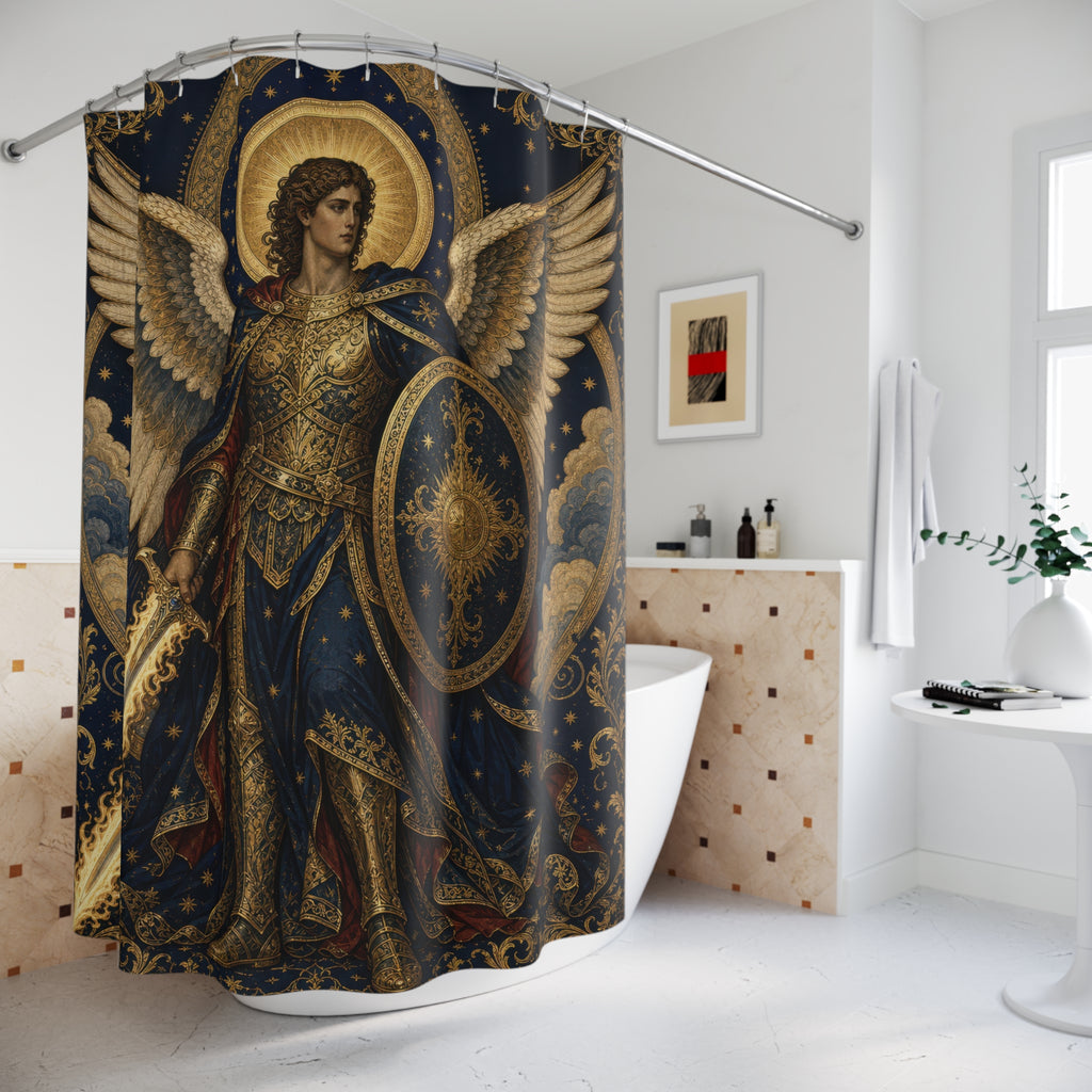 Archangel Michael Shower Curtain, Warrior Angel Art, Black Gold Guardian Angel Decor, Celestial Shield Sword Bathroom Accent, Sacred Art