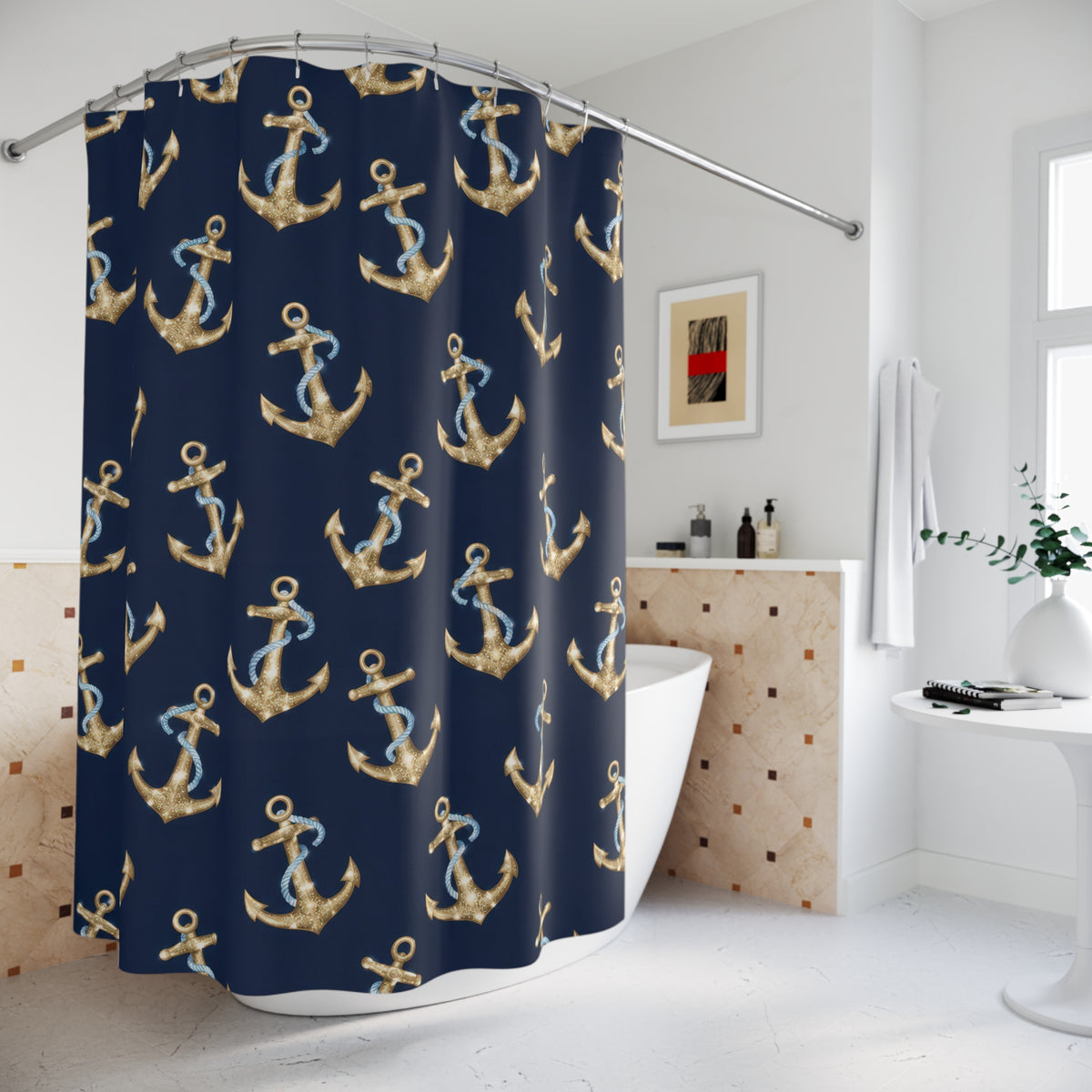 Gold-colored anchors and blue ropes on navy shower curtain beside a freestanding tub