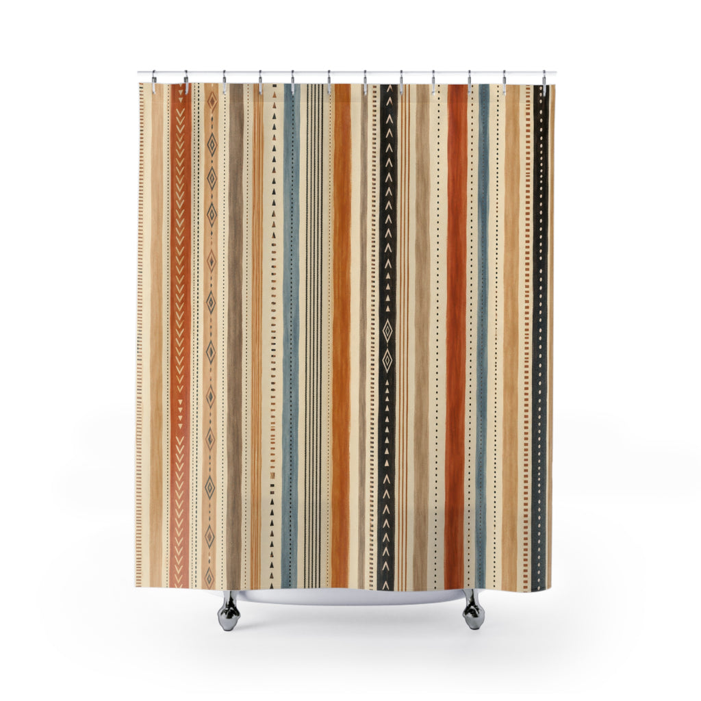 Terracotta Blue Triangle Diamond Stripe Shower Curtain