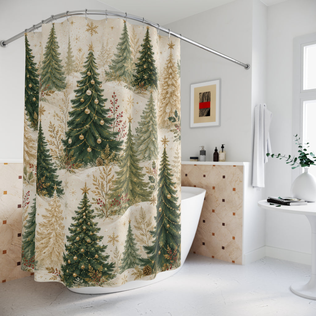 Christmas Tree Shower Curtain: Green Gold Winter Woodland