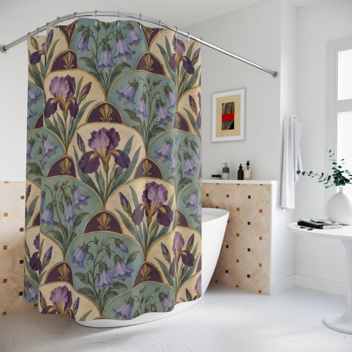 Purple iris and bluebells in a scalloped tile repeat shower curtain beside a freestanding tub