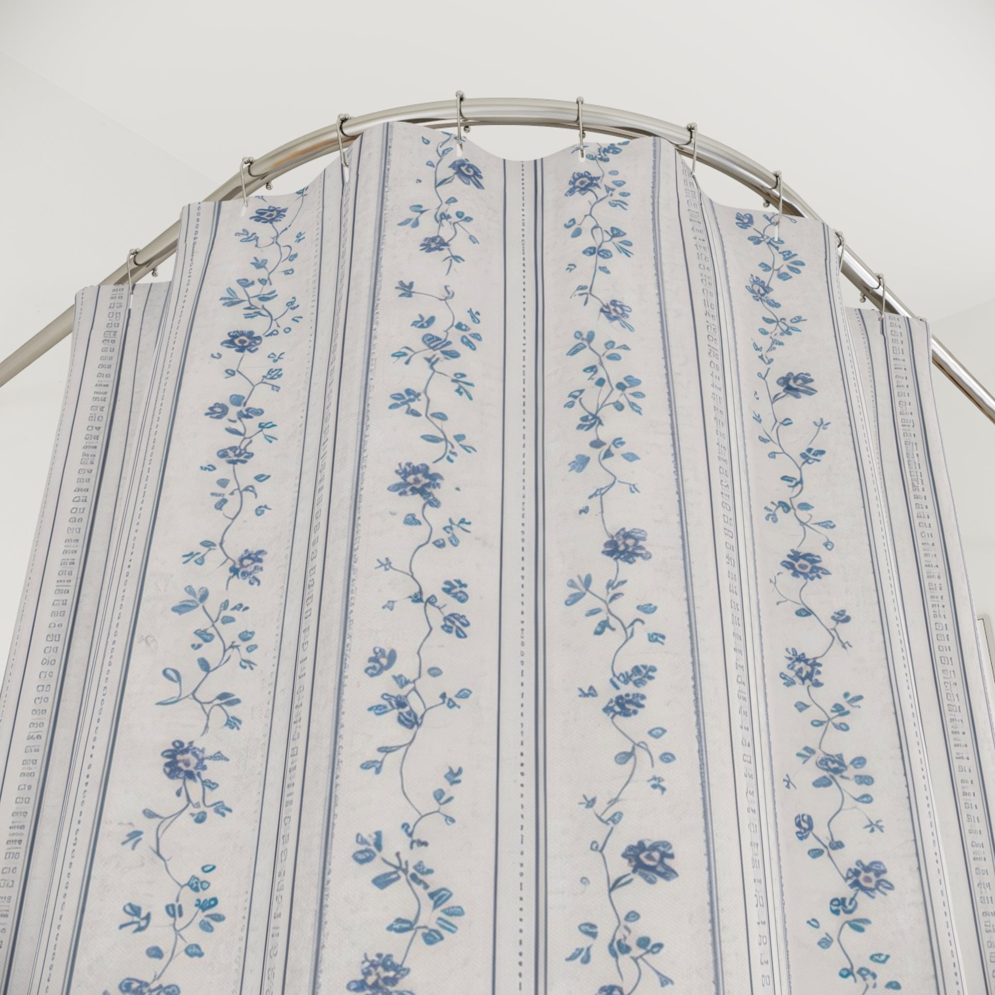 Blue and White French Country Floral Stripe Shower Curtain