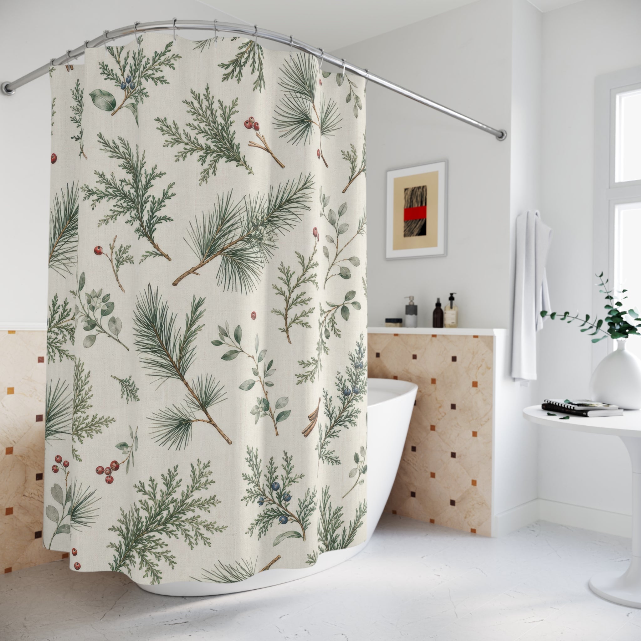 Christmas Shower Curtain, Green Winter Botanical Bath Decor, Pine Berry Sprig Pattern, Soft Green Farmhouse Guest Bathroom Decor Style