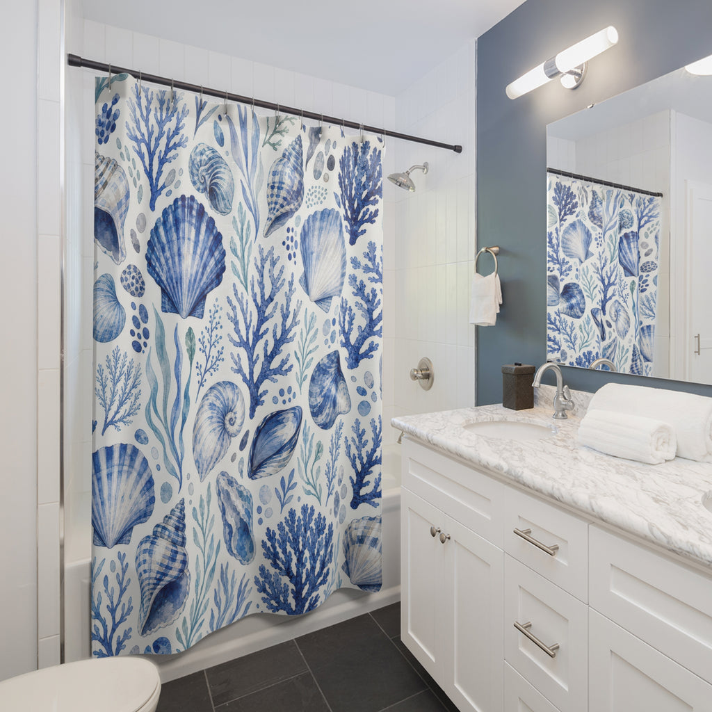 Blue Coastal Shell Shower Curtain, Blue White Coastal Bathroom Decor, Coastal Naturalist Bath Curtain, Guest Bath Decor, Home Decor