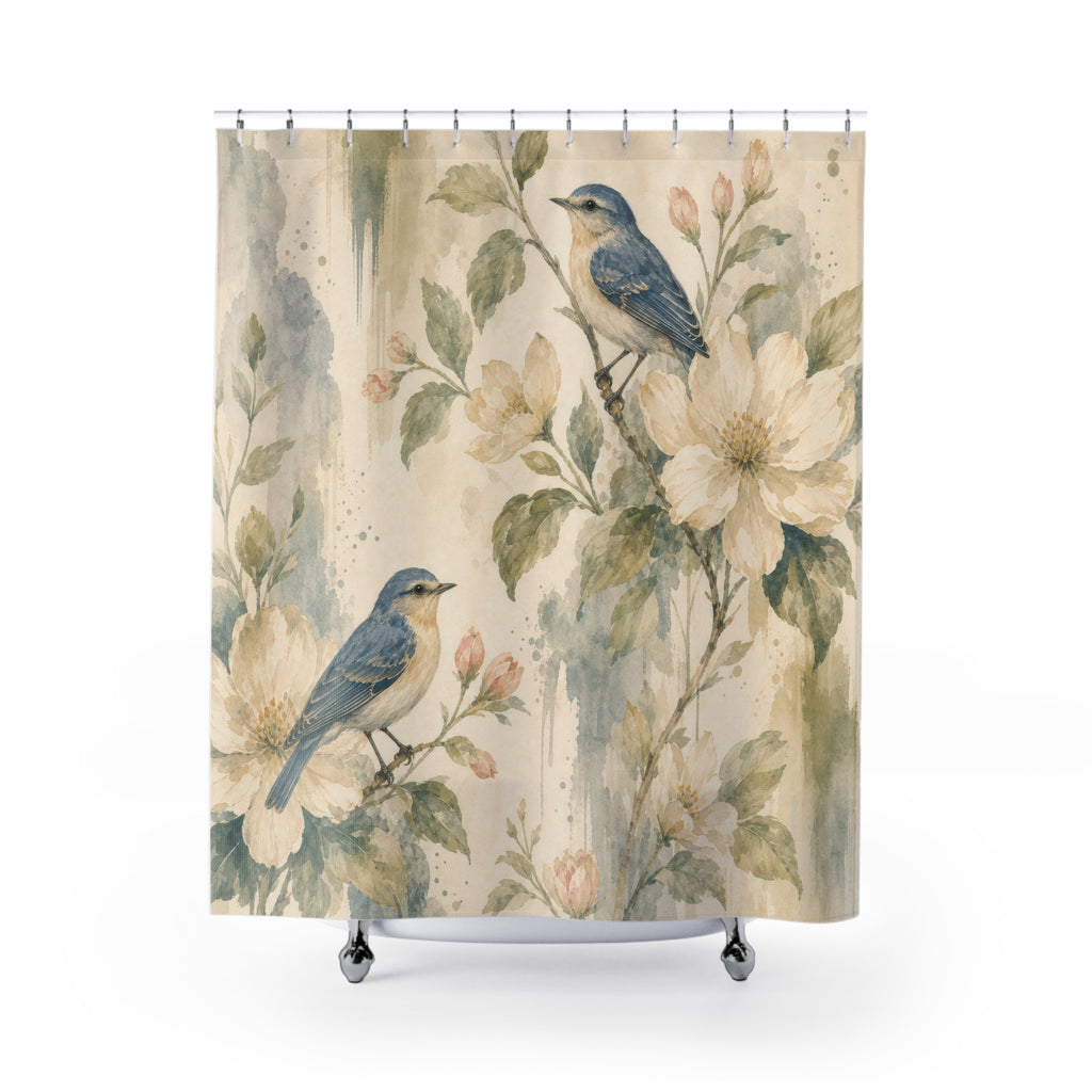 Blue Bird Botanical Watercolor Floral Shower Curtain
