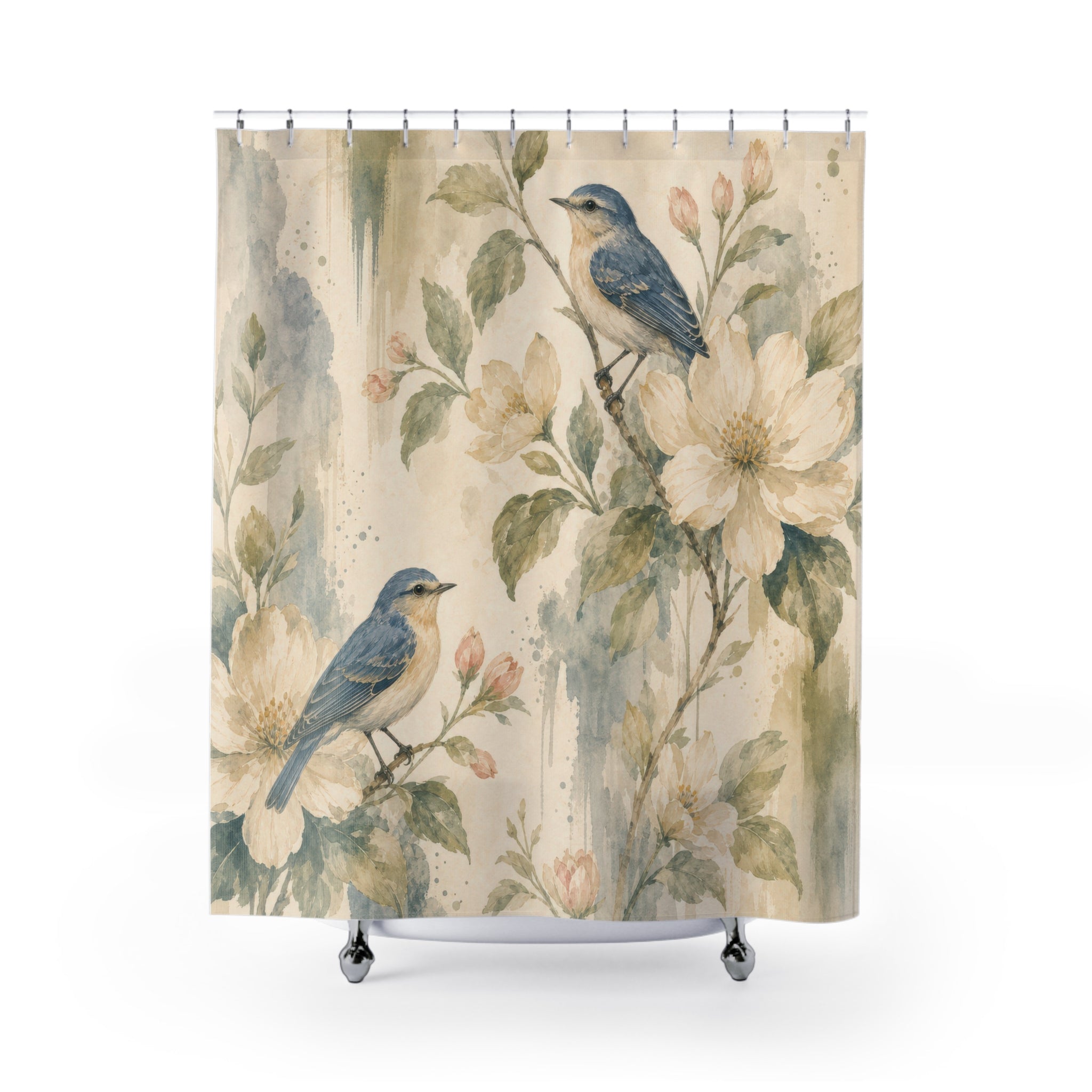 Blue Bird Botanical Watercolor Floral Shower Curtain