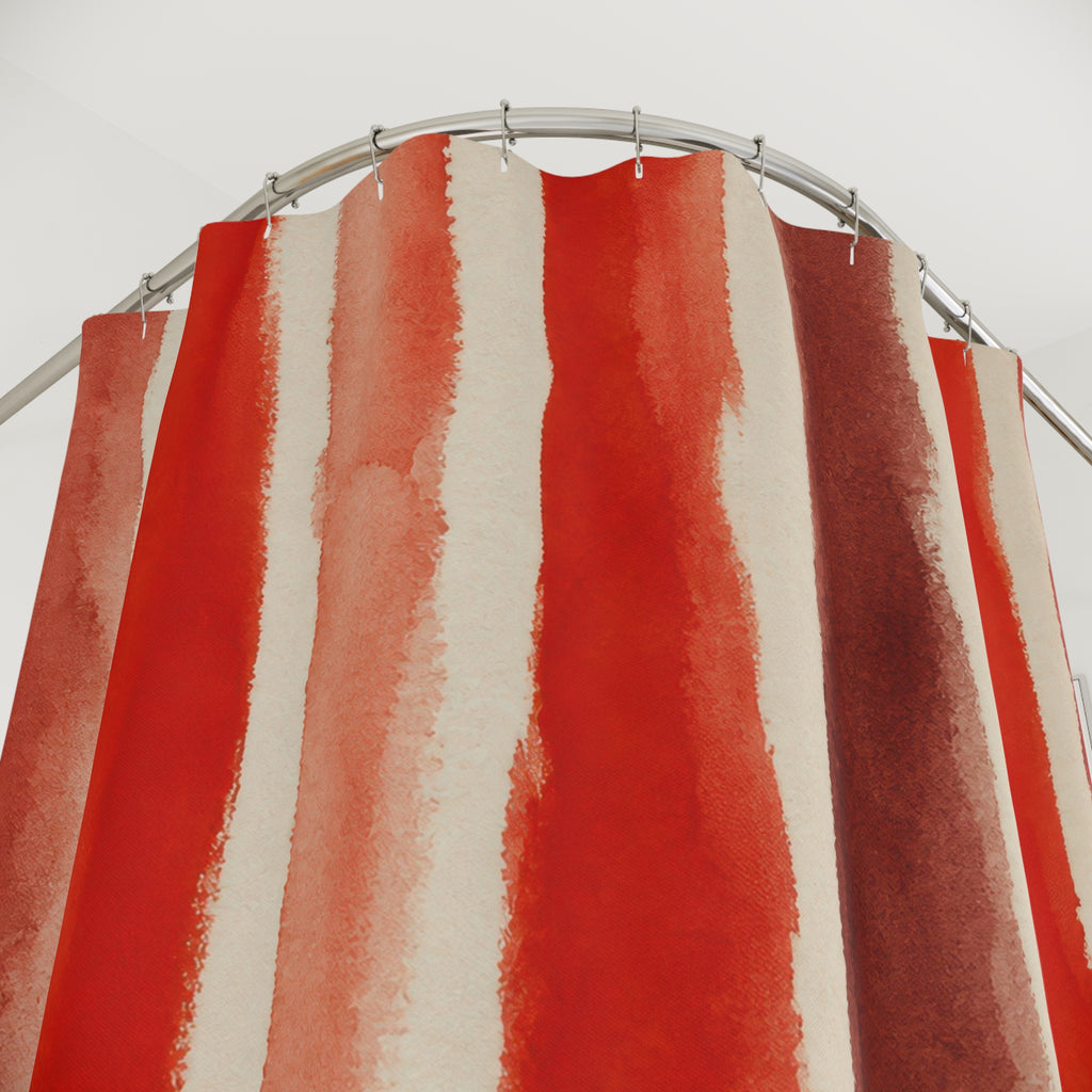Rice Paper Red Stripe Shower Curtain, Red Rust Classic Bathroom Decor, Modern Stripe Bath Curtain, Guest Bath Decor, Small Bathroom Decor