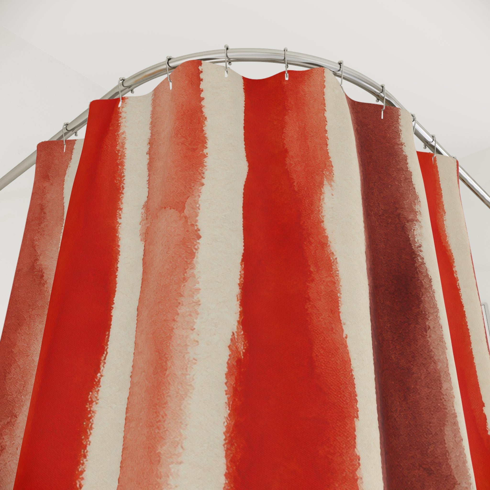 Rice Paper Red Stripe Shower Curtain, Red Rust Classic Bathroom Decor, Modern Stripe Bath Curtain, Guest Bath Decor, Small Bathroom Decor