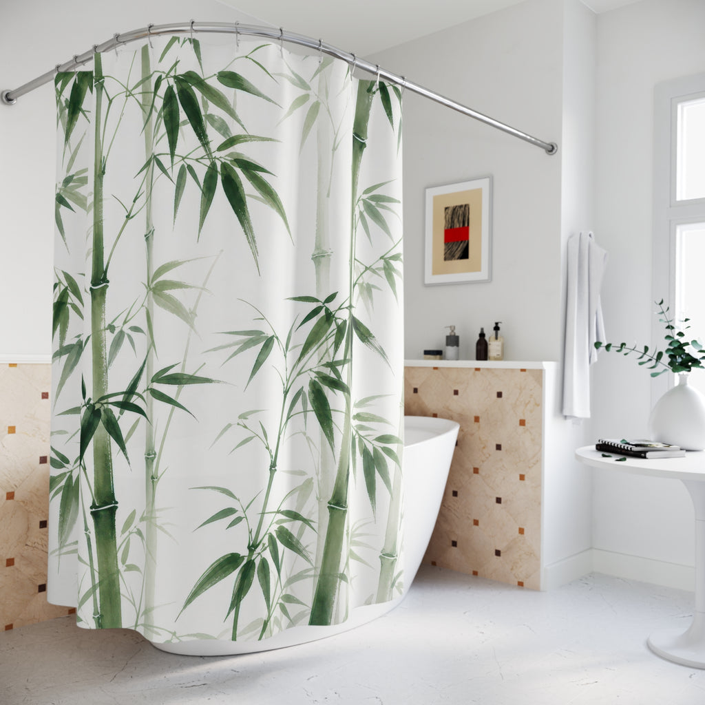 Green White Botanical Stalk Shower Curtain