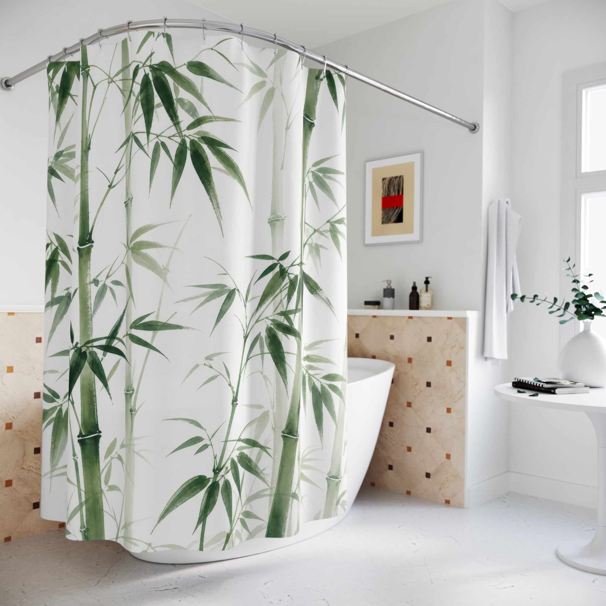 Green White Botanical Stalk Shower Curtain