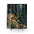 Vintage mushroom forest with glowing golden gills shower curtain with full front view