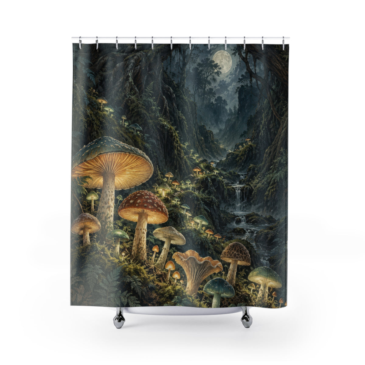 Vintage mushroom forest with glowing golden gills shower curtain with full front view