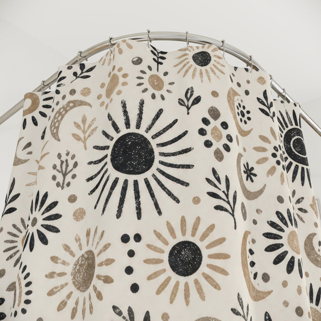 Black Beige Sun Moon Star Shower Curtain