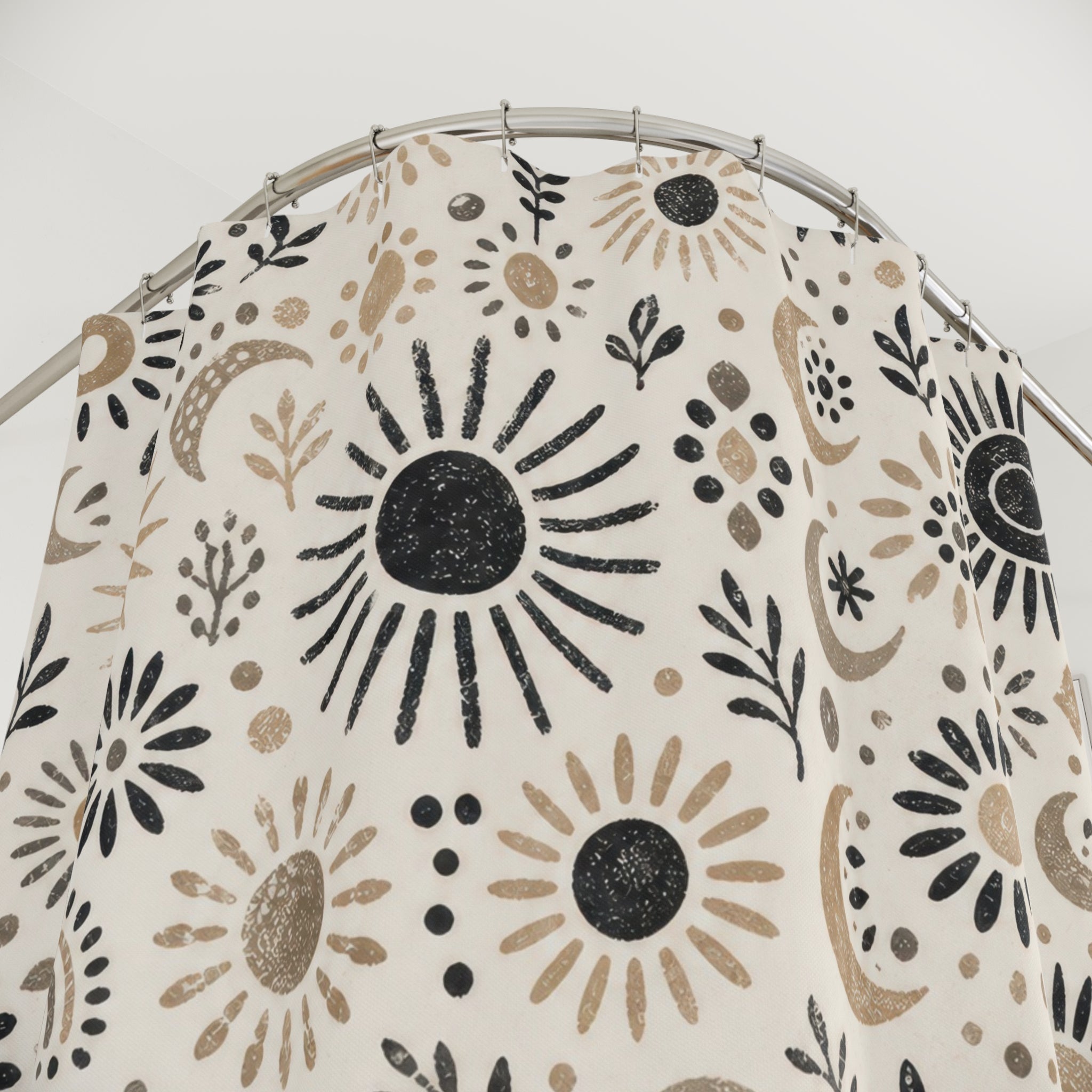 Black Beige Sun Moon Star Shower Curtain