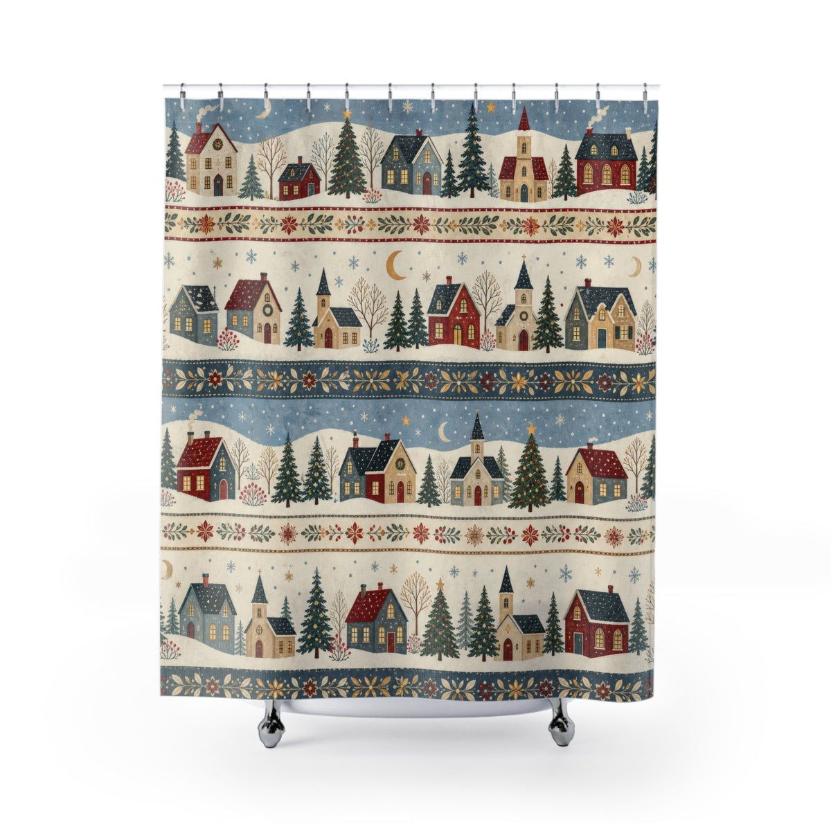 Winter Village Cottage Stripe christmas shower curtain with full front view