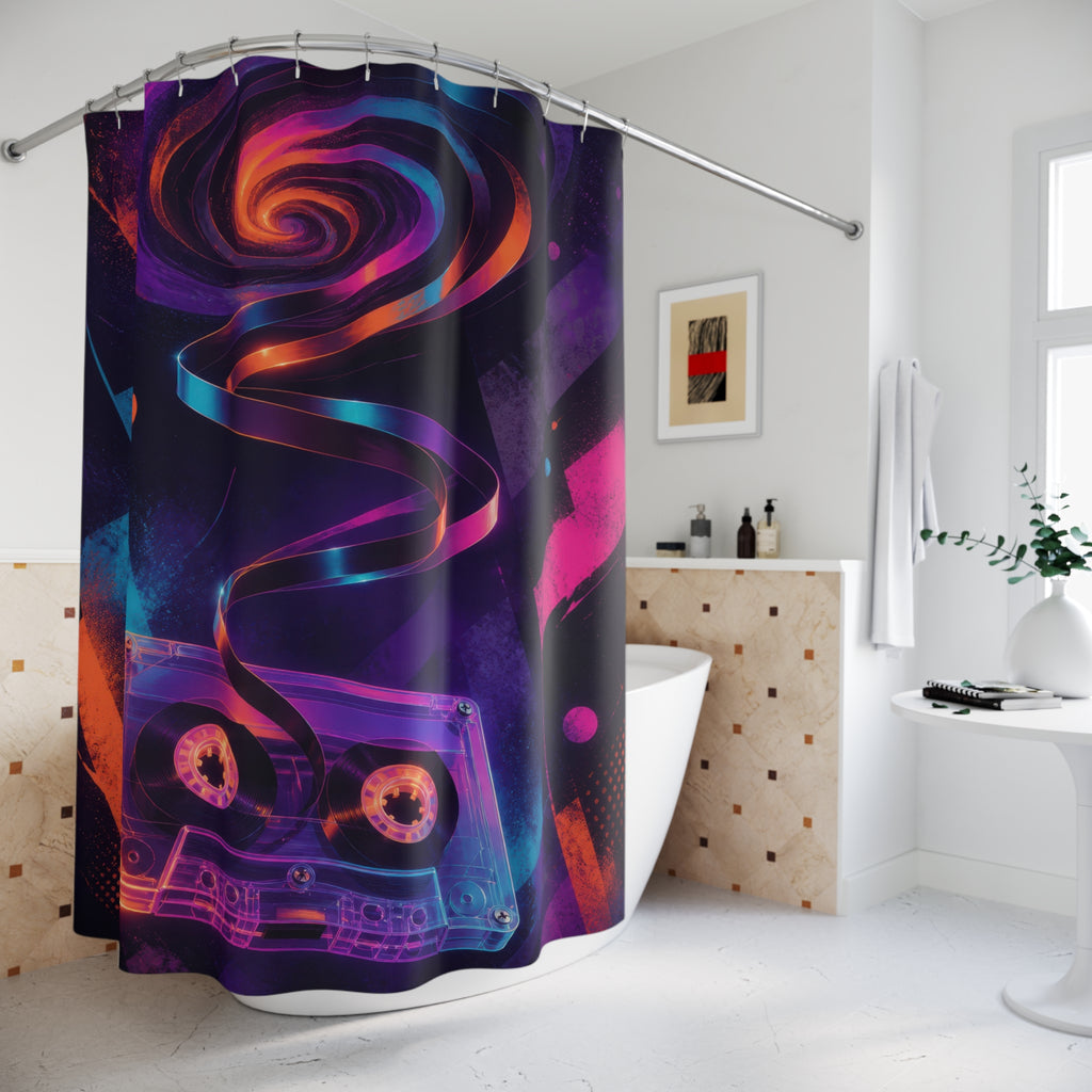 Translucent cassette with spiraling tape and neon spray shapes shower curtain beside a freestanding tub