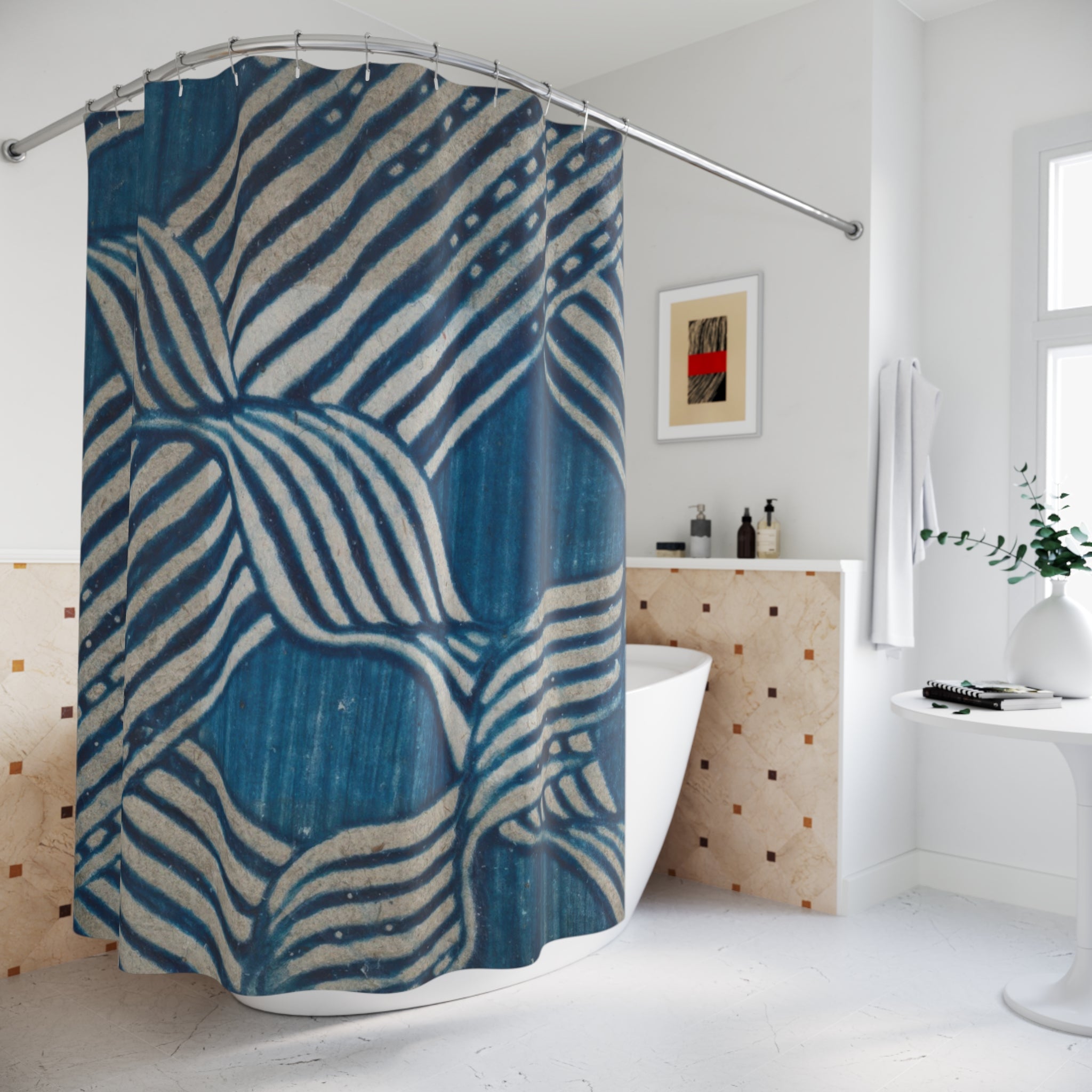 Blue Antique Ribbon Stripe Shower Curtain