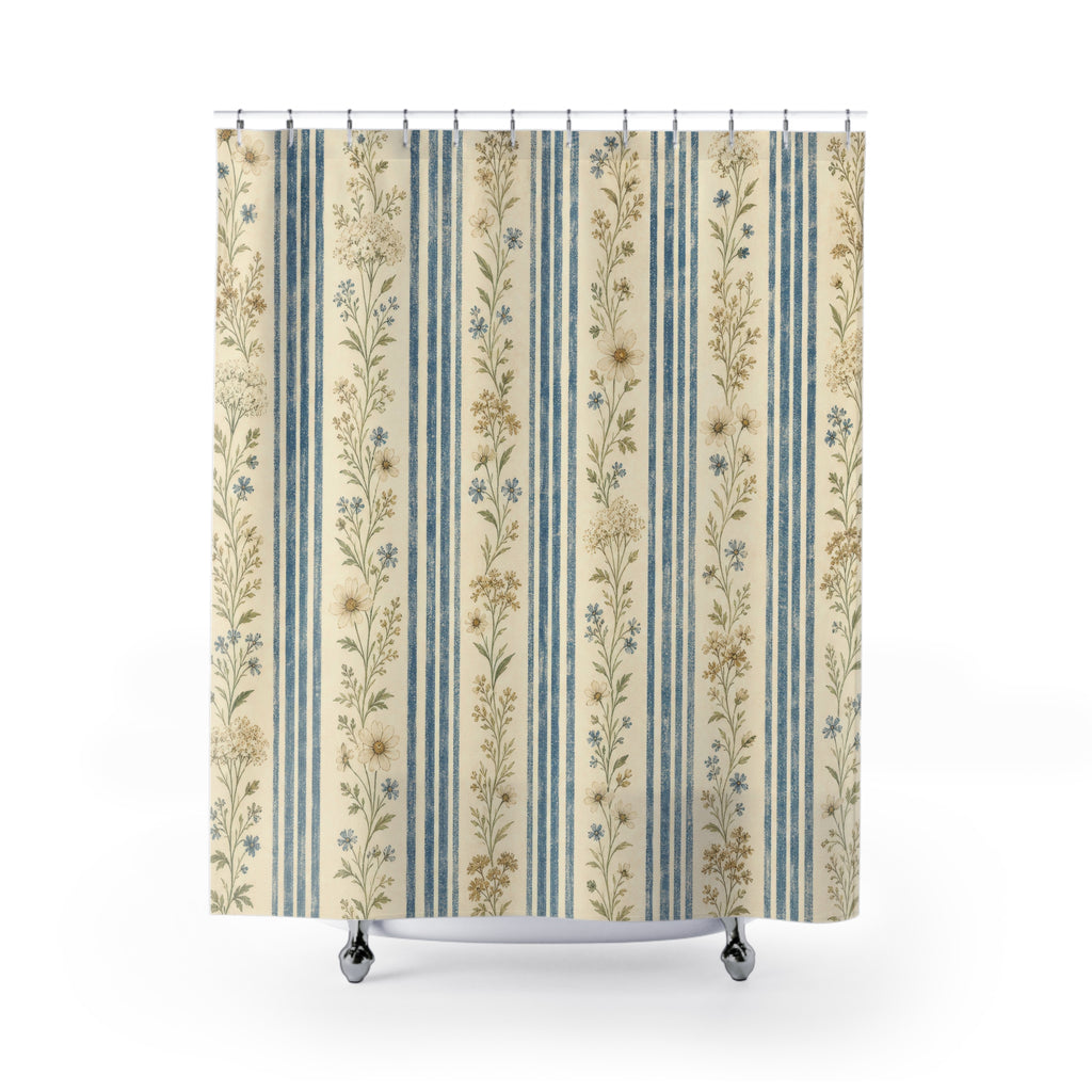Blue Beige Floral Stripe Farmhouse Shower Curtain