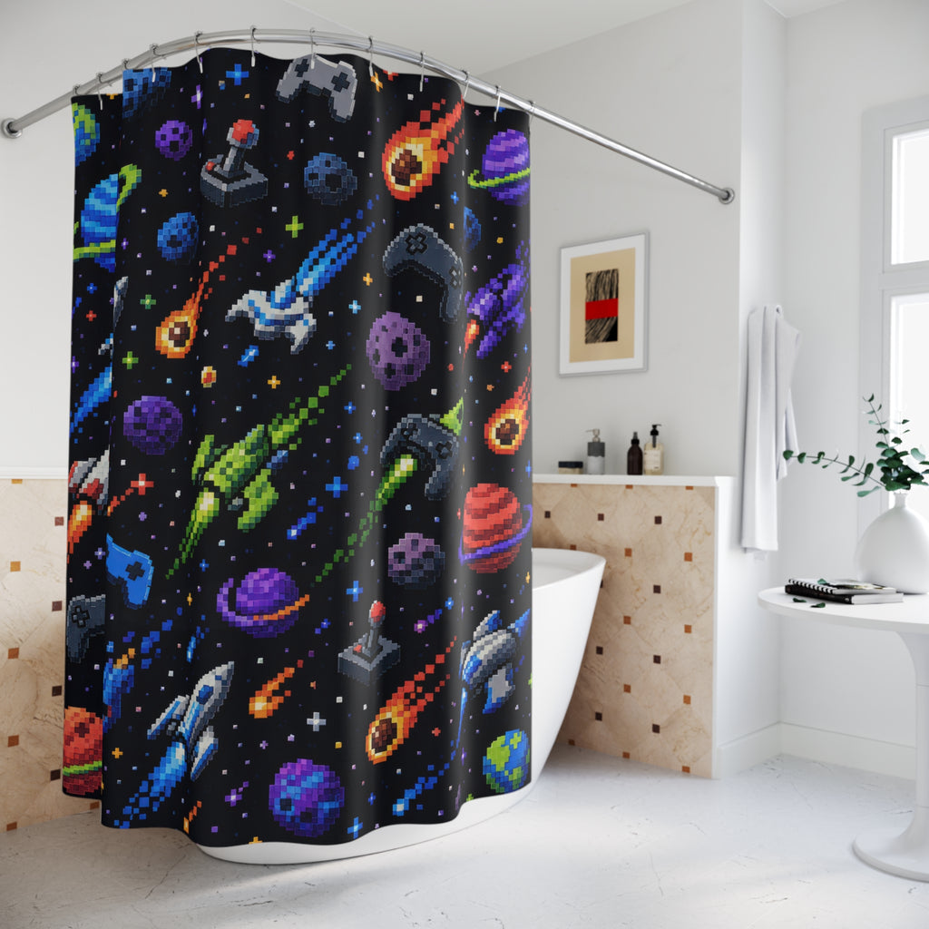 Dark Space Shower Curtain, Kids Bathroom Decor, Rocket Planet Bath Curtain, Boys Bathroom Decor, Gaming Space Pattern, Bath Decor, Style
