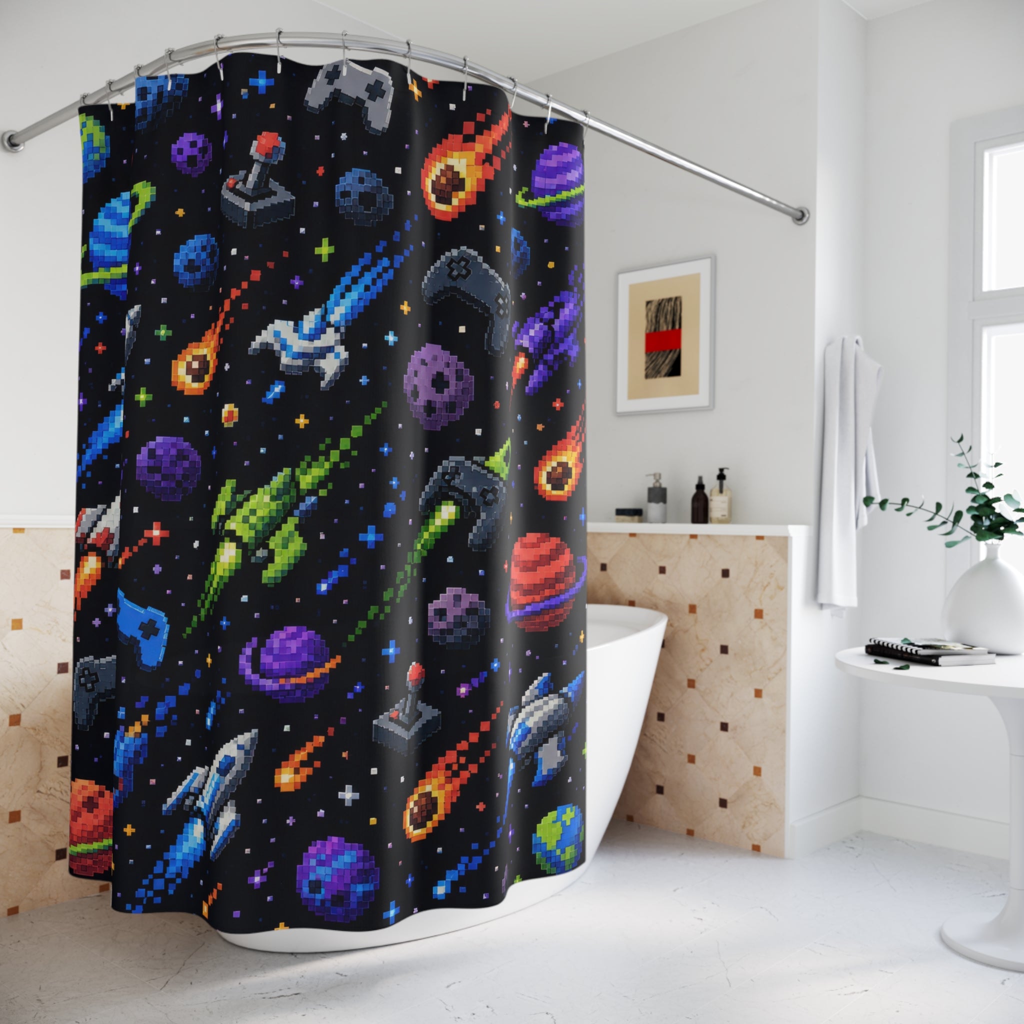 Dark Space Shower Curtain, Kids Bathroom Decor, Rocket Planet Bath Curtain, Boys Bathroom Decor, Gaming Space Pattern, Bath Decor, Style