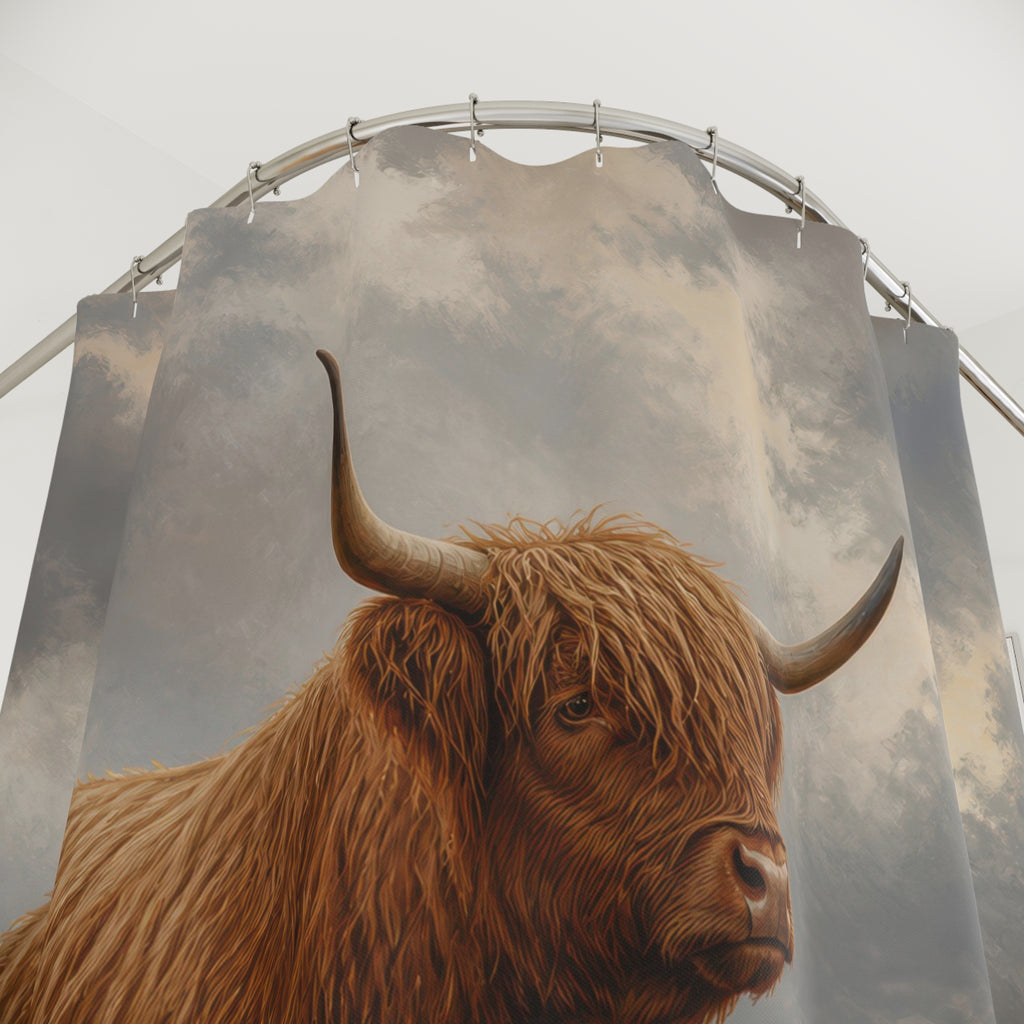 Highland cow standing in heather on a misty moor shower curtain with close-up print, hooks, and folds