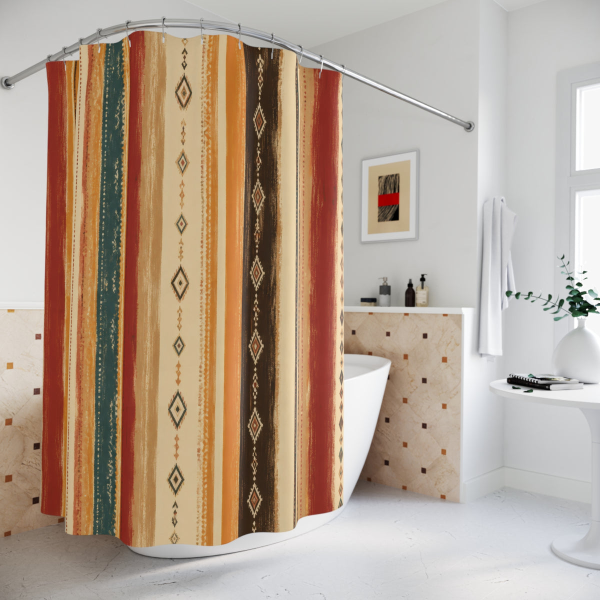 Rust Orange Teal Geometric Stripe Shower Curtain