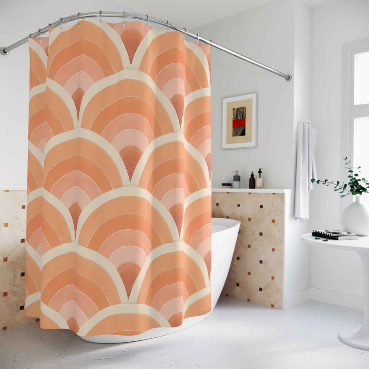 Peach Art Deco fan pattern shower curtain beside a freestanding tub