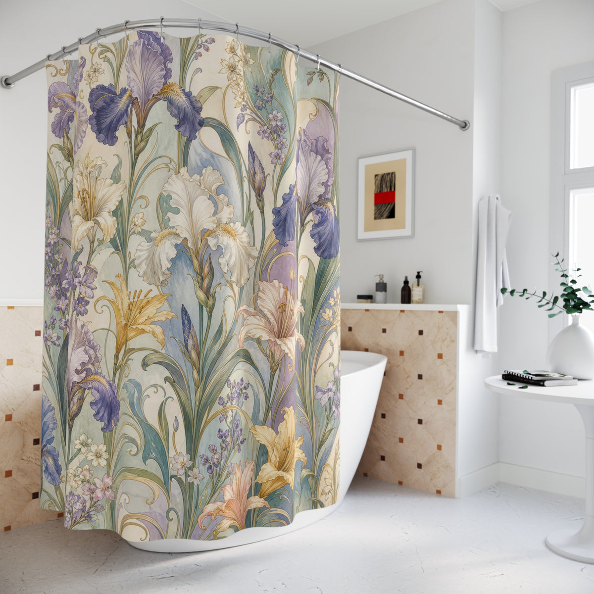 Blue Iris Floral botanical lavender shower curtain beside a freestanding tub