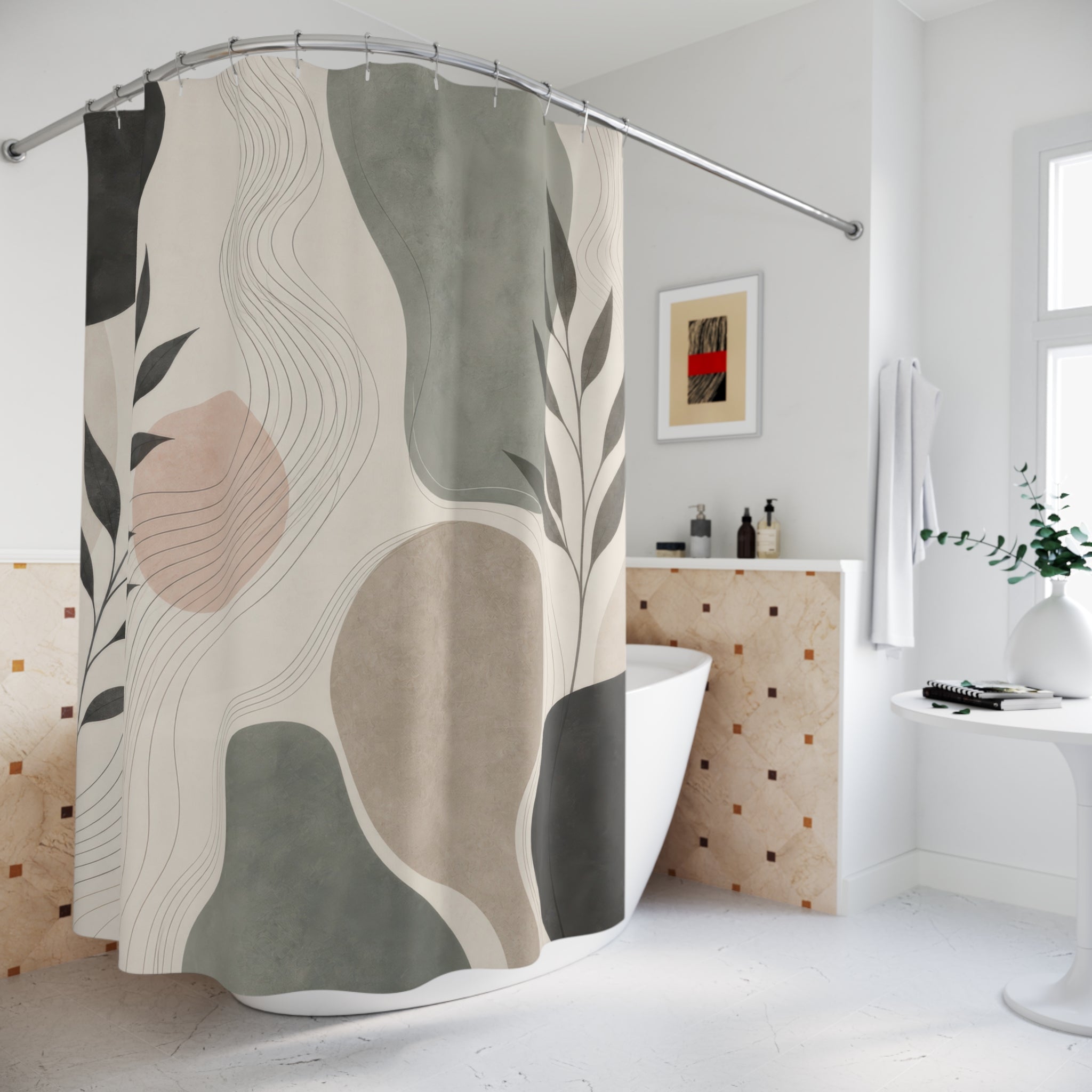 Abstract Botanical Shower Curtain, Sage Beige Black Organic Shapes, Modern Floral Art Decor, Calm Neutral Bathroom Style, Guest Bath Accent