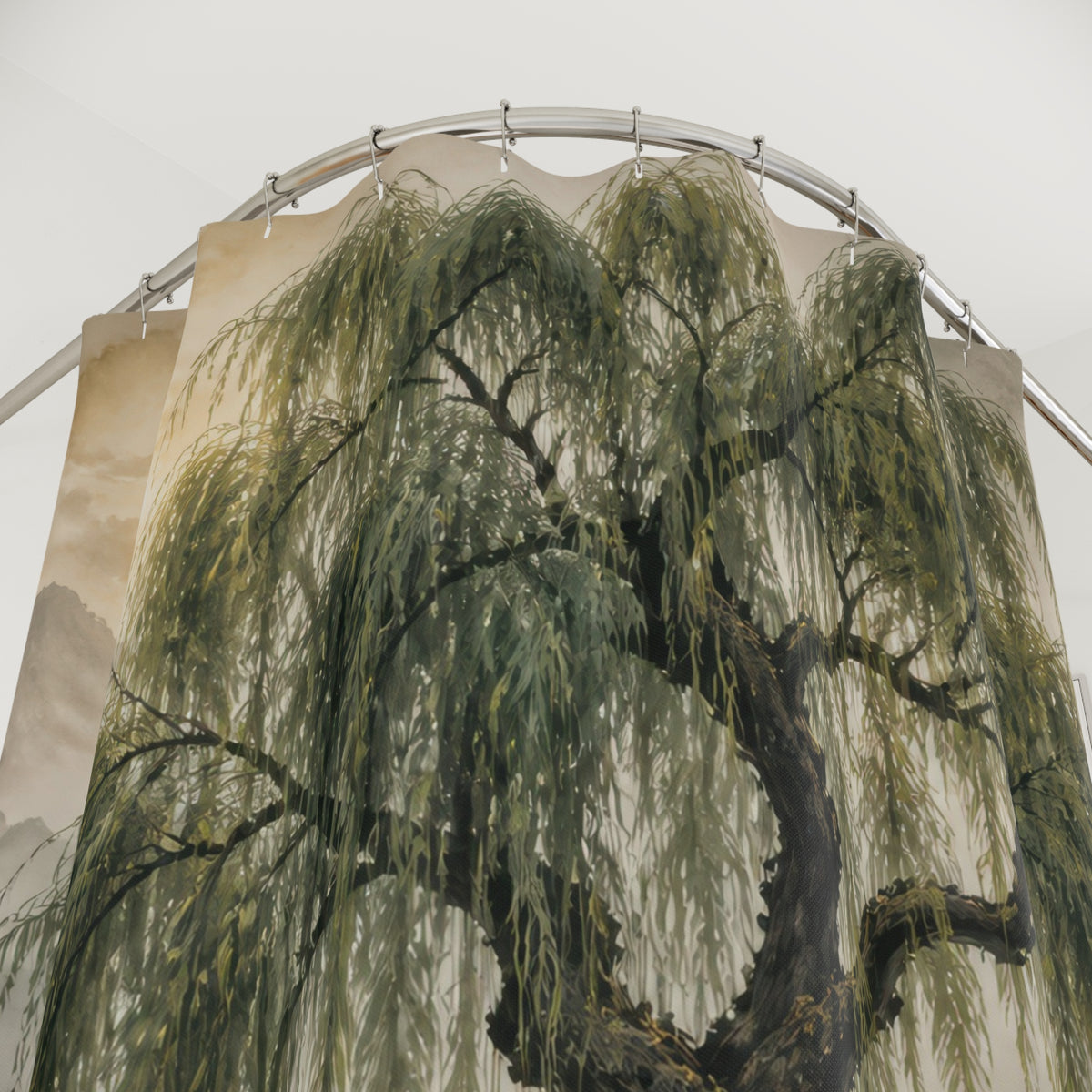 Sage willow tree reflected in a misty mountain lake shower curtain with close-up print, hooks, and folds