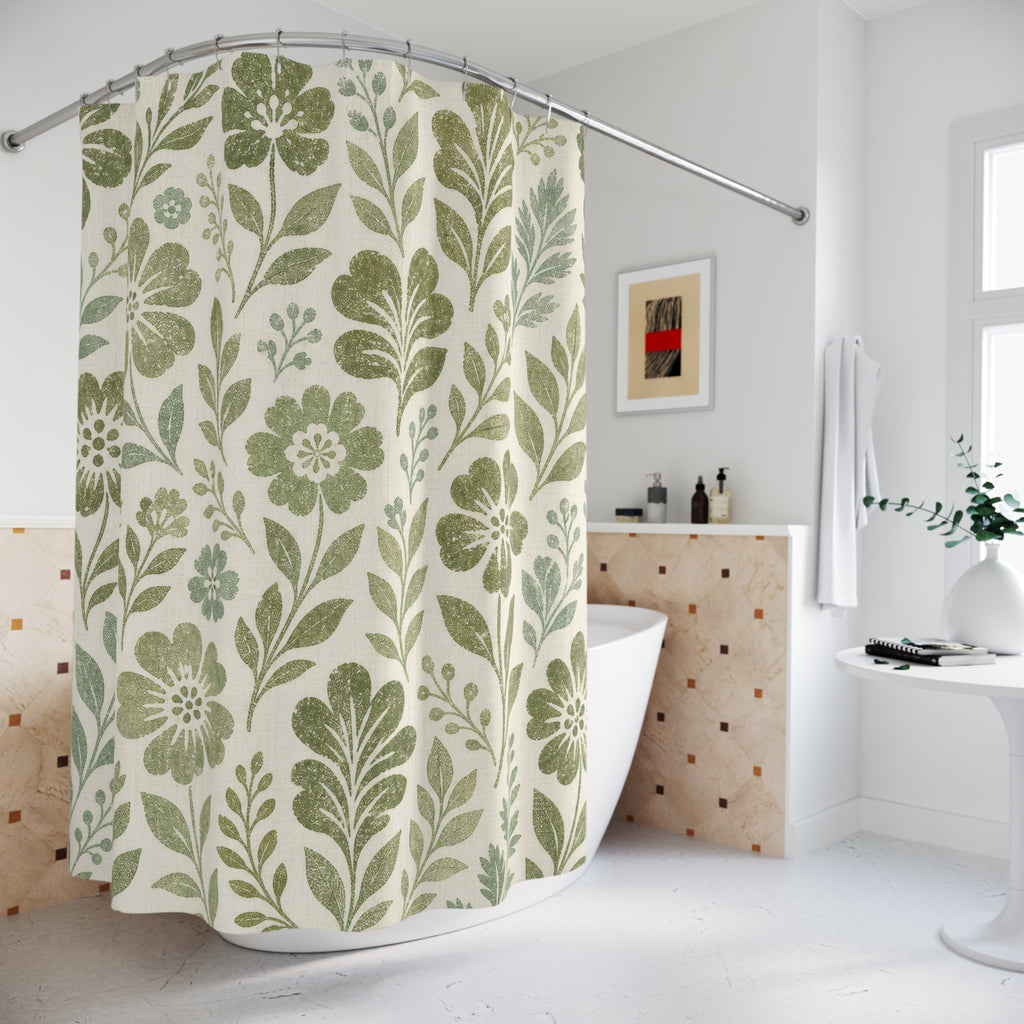 Moss Block Print Flowers Shower Curtain