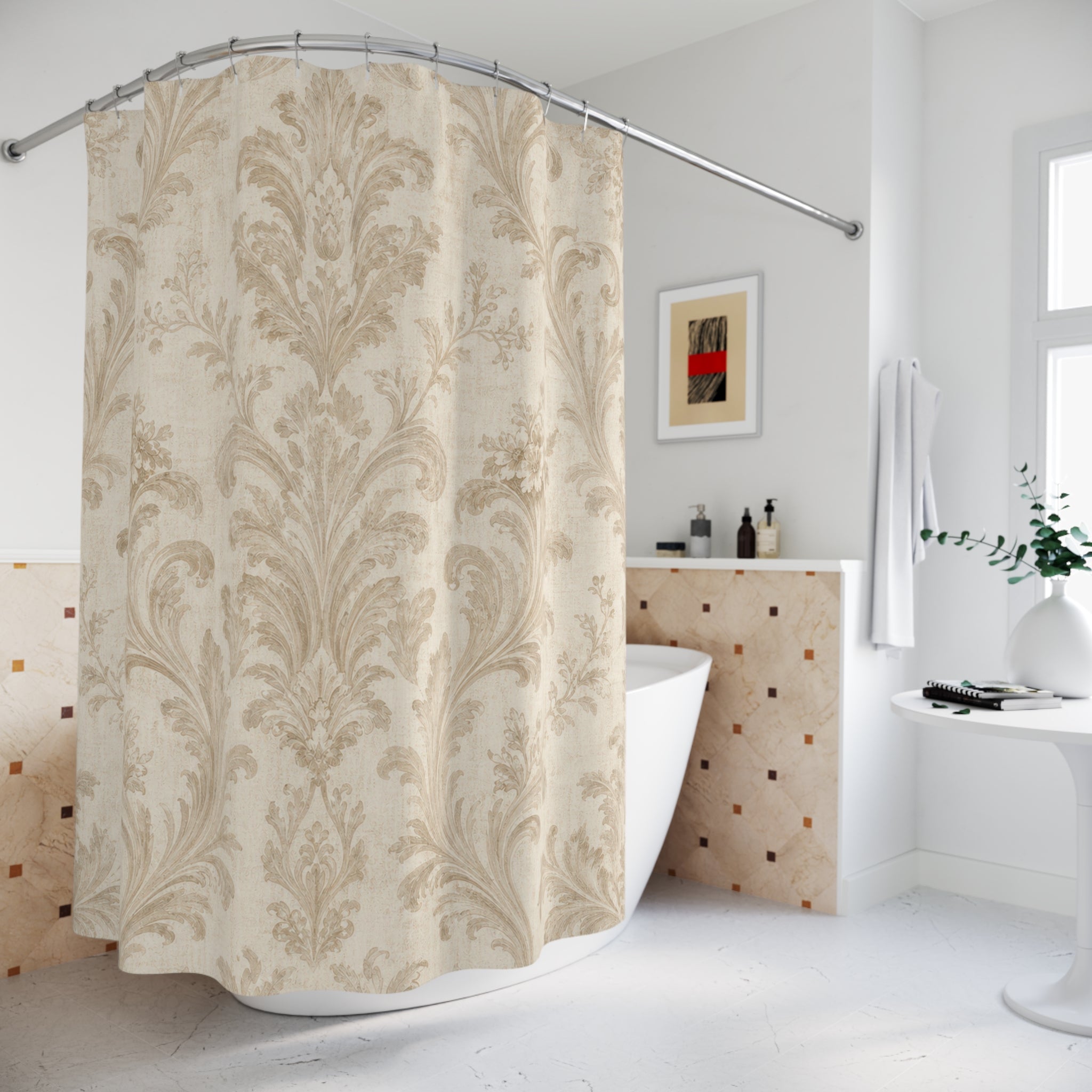 Beige French Country Scroll Shower Curtain