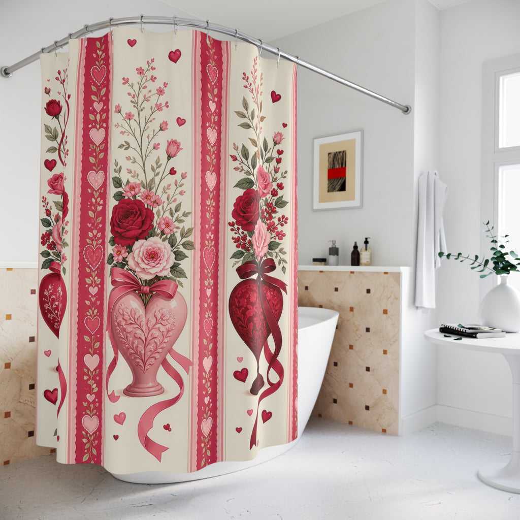 Floral heart vases with red and blush rose bouquets shower curtain beside a freestanding tub