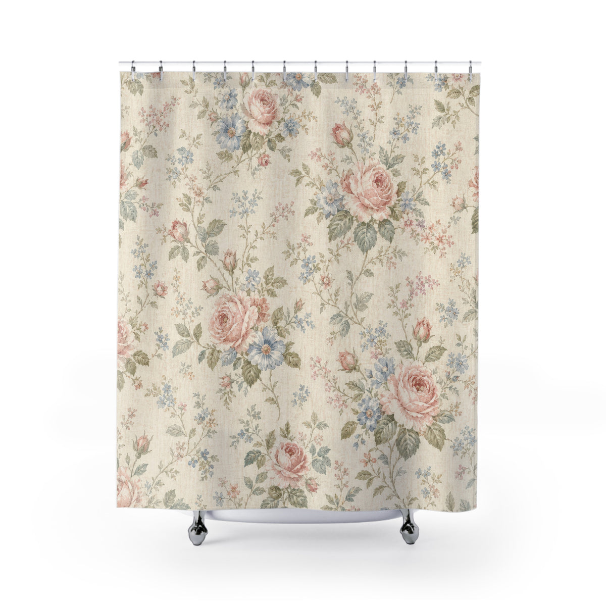 Pink Blue Floral vintage rose shower curtain with full front view