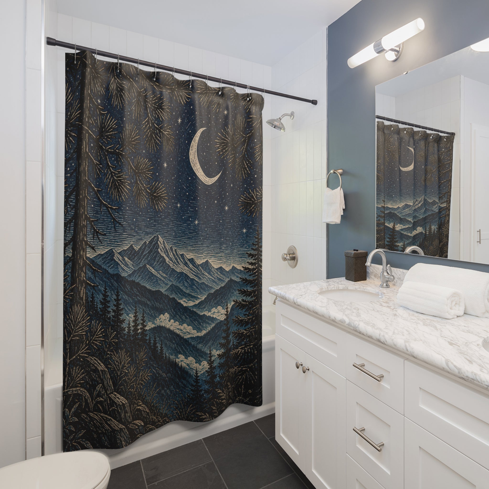 Linocut Moonlit Pine Ridge Shower Curtain