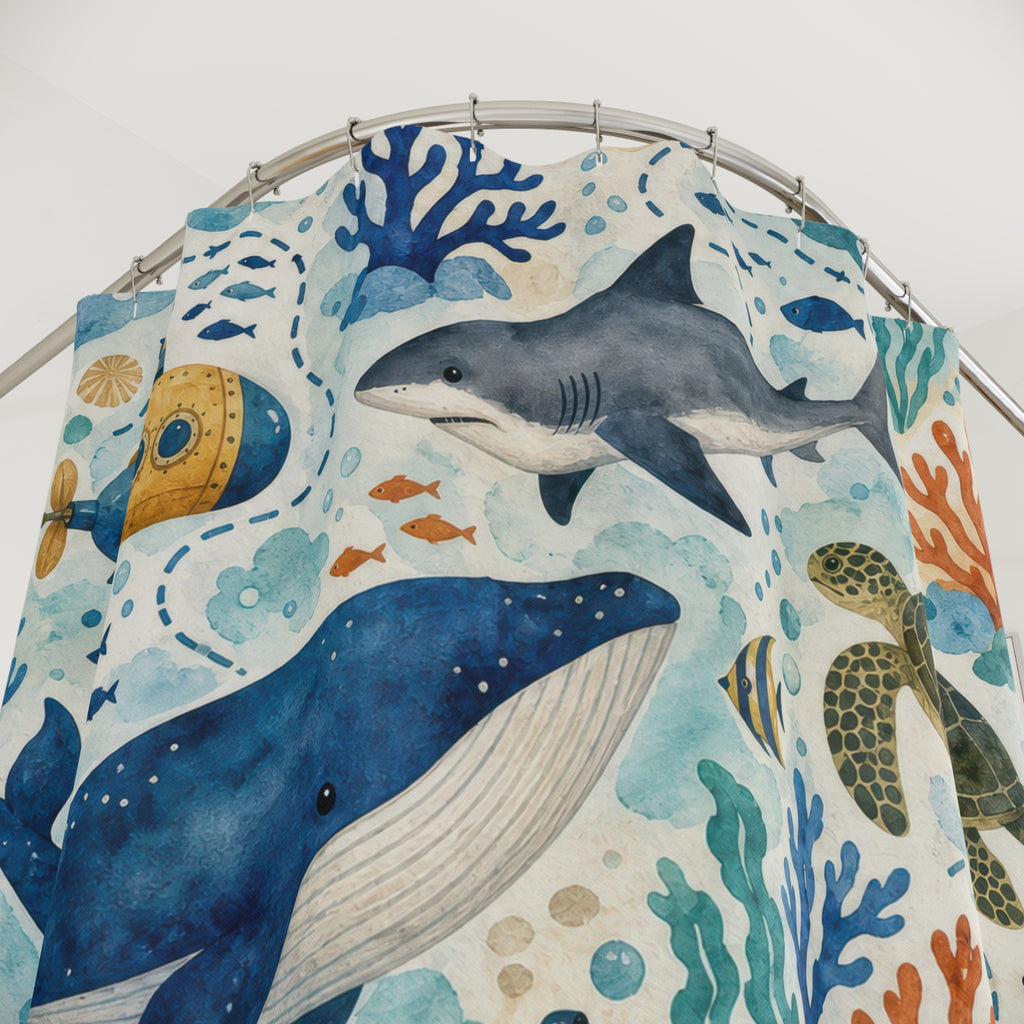 Ocean Adventure Shower Curtain, Whale and Sea Turtle Bathroom Decor, Submarine Bath Curtain, Coastal Kids Bathroom Art, Blue Bath, Bath Art