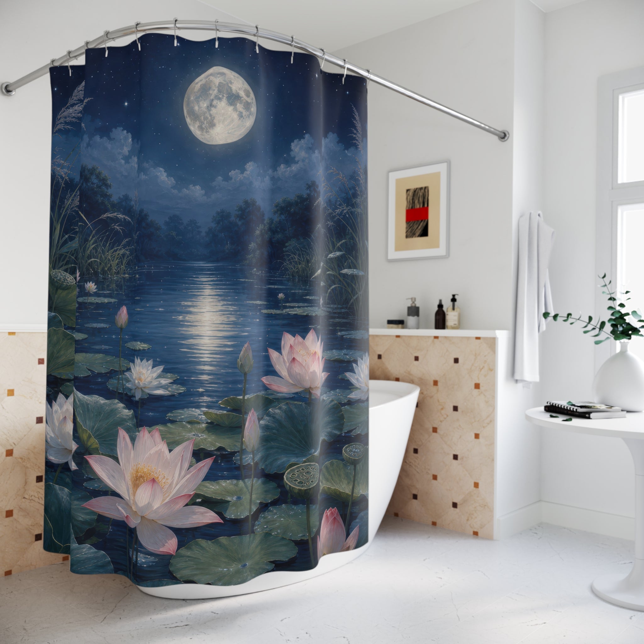 Moonlit Water Lily Pond Shower Curtain