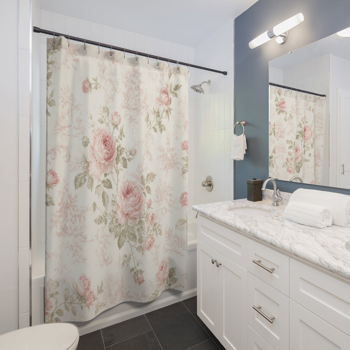 Pink Rose Floral Shabby Chic Botanical Vintage shower curtain beside a white vanity
