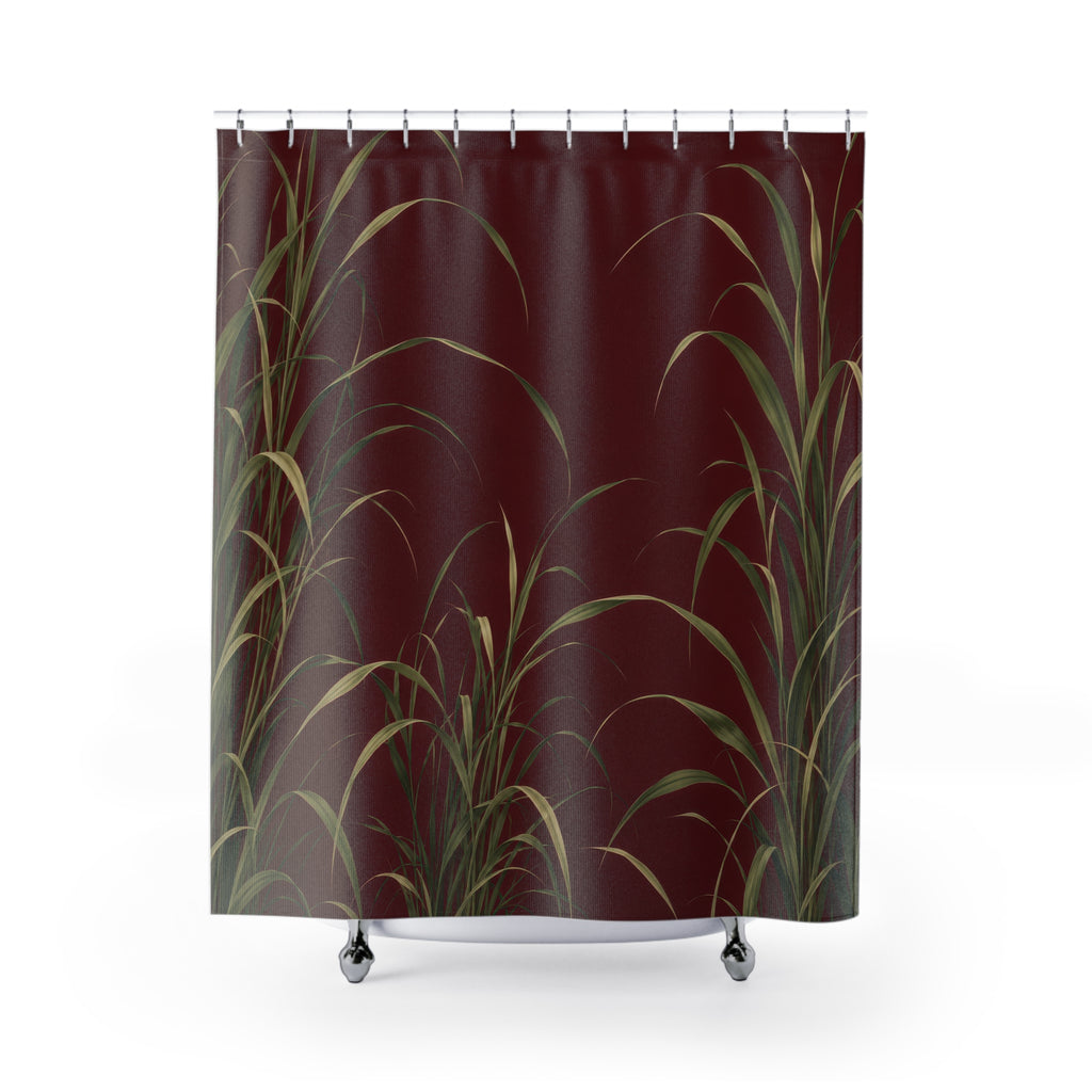 Arching sage and olive grasses on an open maroon field shower curtain with full front view