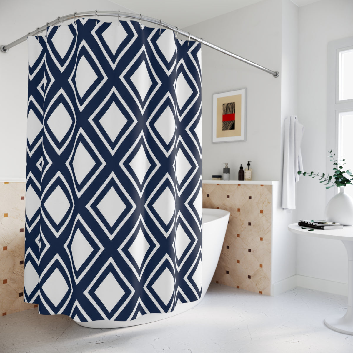 White diamonds in navy lattice with thin white outlines shower curtain beside a freestanding tub