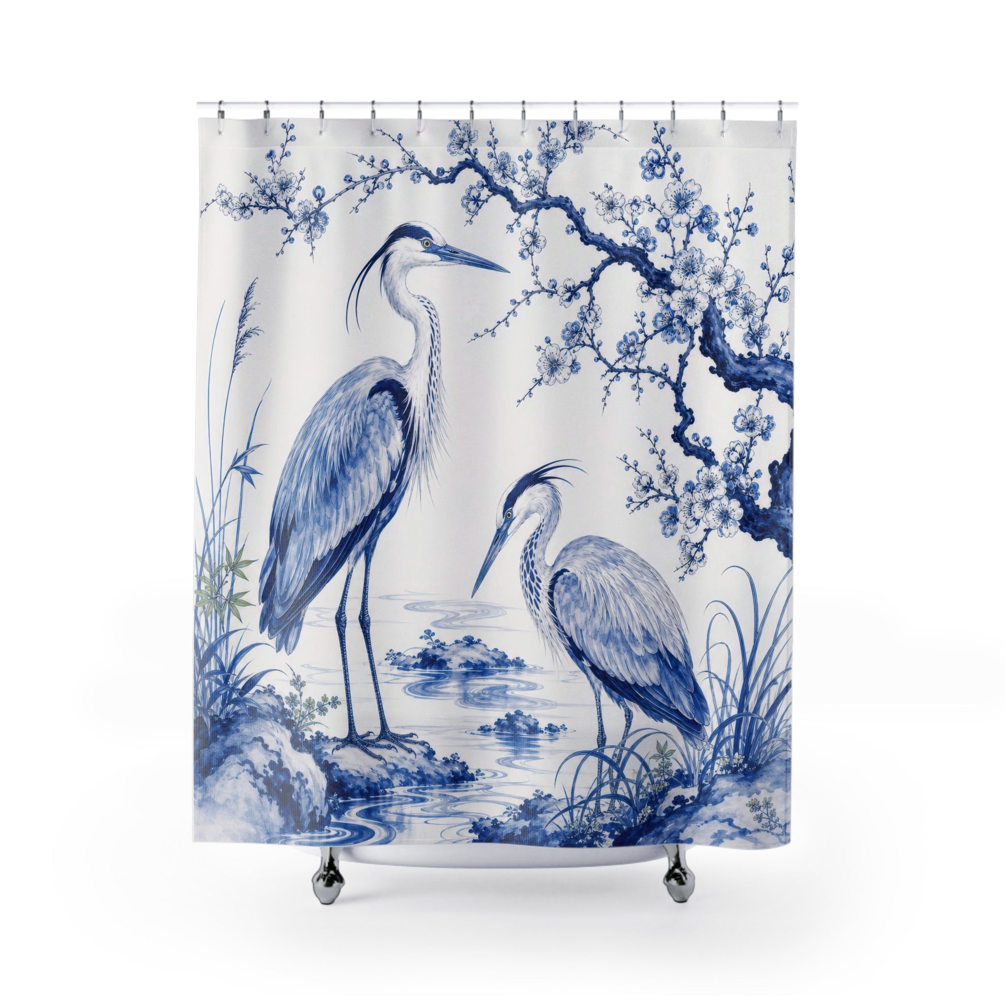 Cobalt Heron Elegant Shower Curtain