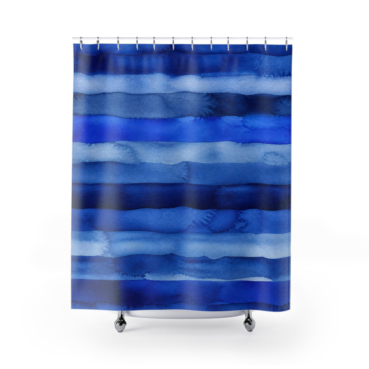 Cobalt Navy Horizontal Stripe watercolor shower curtain with full front view