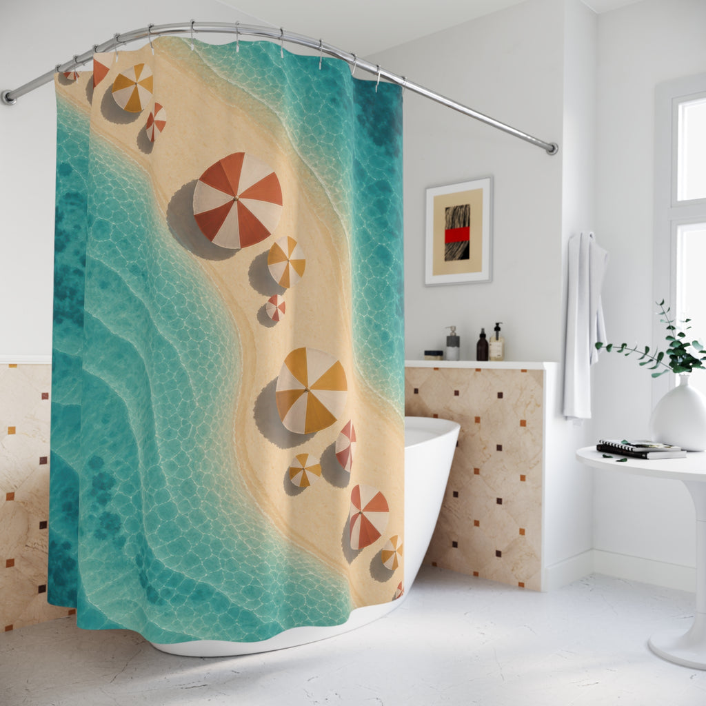 Terracotta and saffron parasols on sand in turquoise water shower curtain beside a freestanding tub