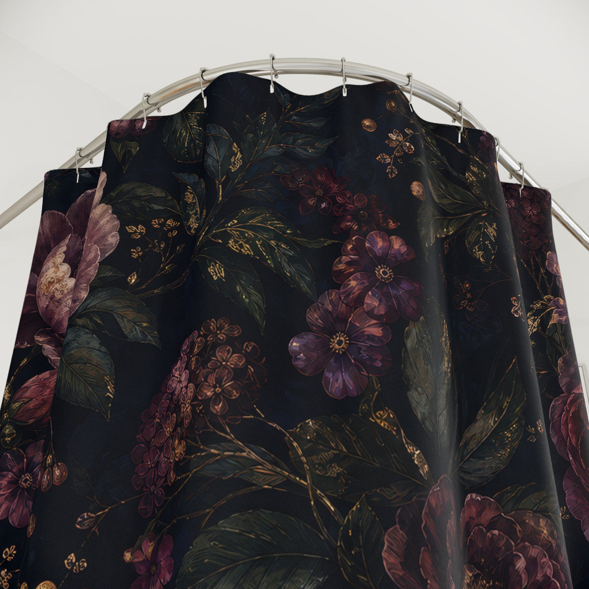 Midnight Garden dark floral burgundy shower curtain with close-up print, hooks, and folds