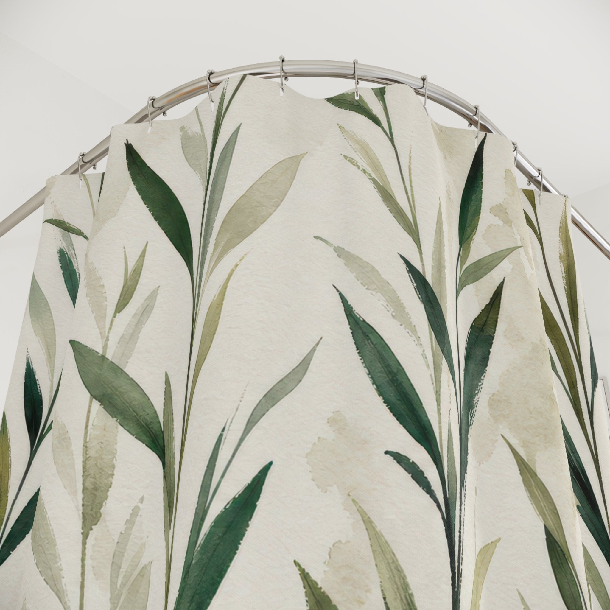 Green Leaf Shower Curtain, Sage Botanical Willow Pattern, Bamboo Style Leaves Bath Decor, Fresh Natural Guest Bathroom Accent, Organic Style