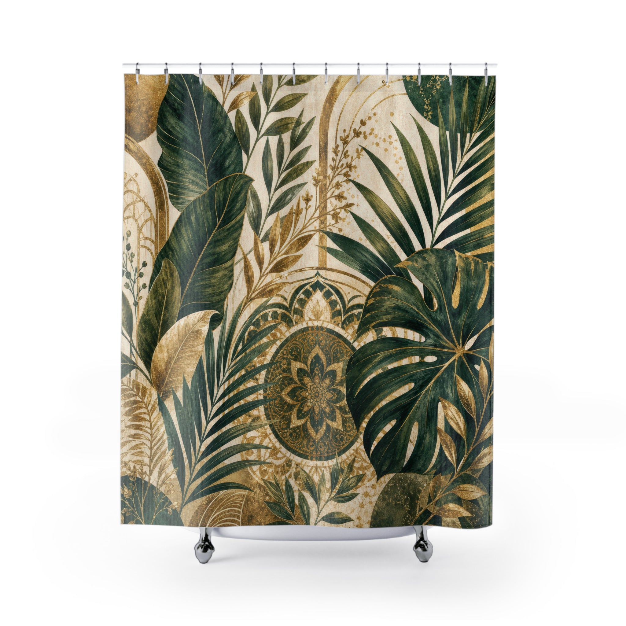 Gold and Green Shower Curtain: Tropical Botanical Pattern